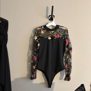 Floral Embroidered Black Bodysuit